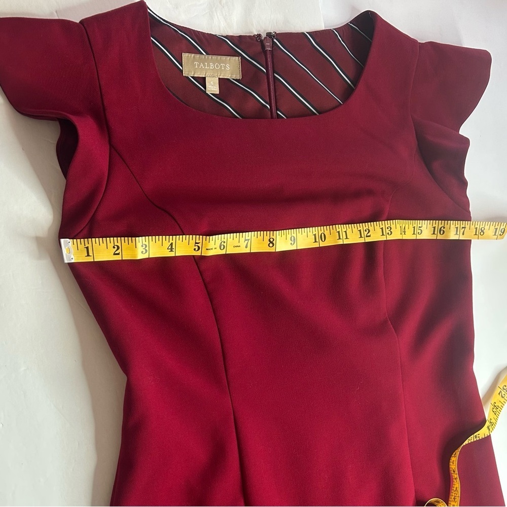 Talbots Burgundy Red Sheath Midi Dress with Ruffle Cap Sleeves Sz 6 EUC Feminine - Picture 8 of 10